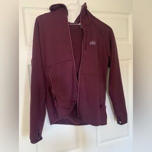 REI Co-op Fleece Jacket Hoodie Women's L Burgundy Full Zip Thumbhole Activewear